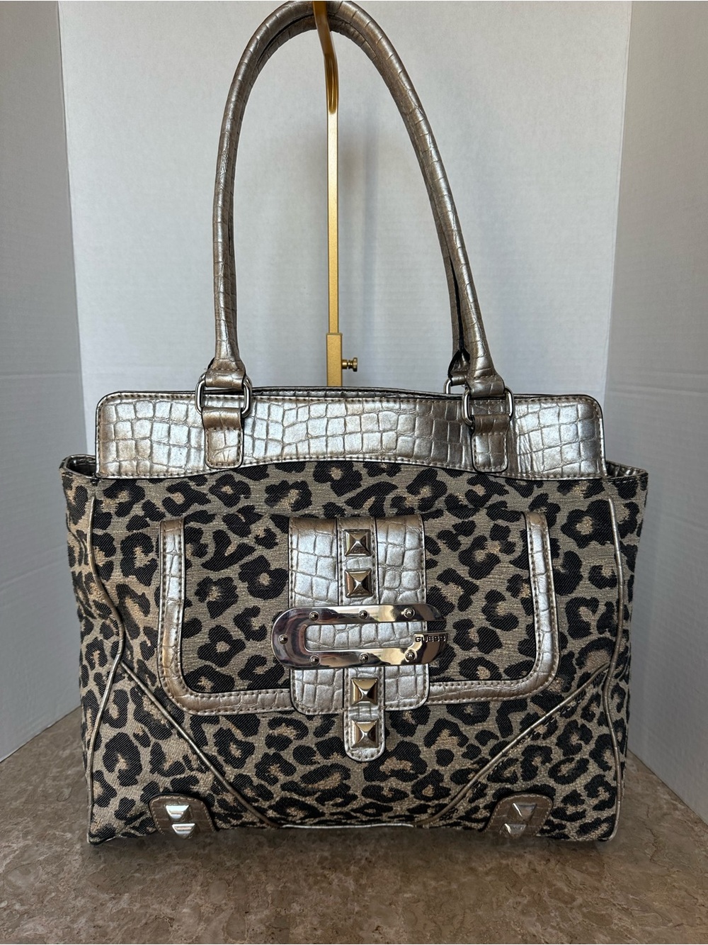 Vintage Guess Y2K Mcbling Leopard Metallic Croc Studs Satchel Shoulder Glam Bag